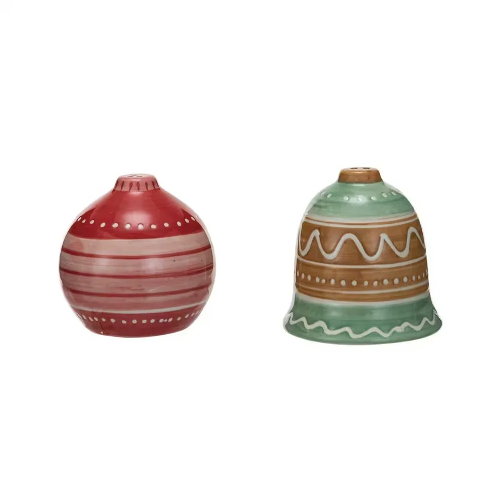 Hand-Painted Ornament & Bell Stoneware Salt & Pepper Shaker/NWT